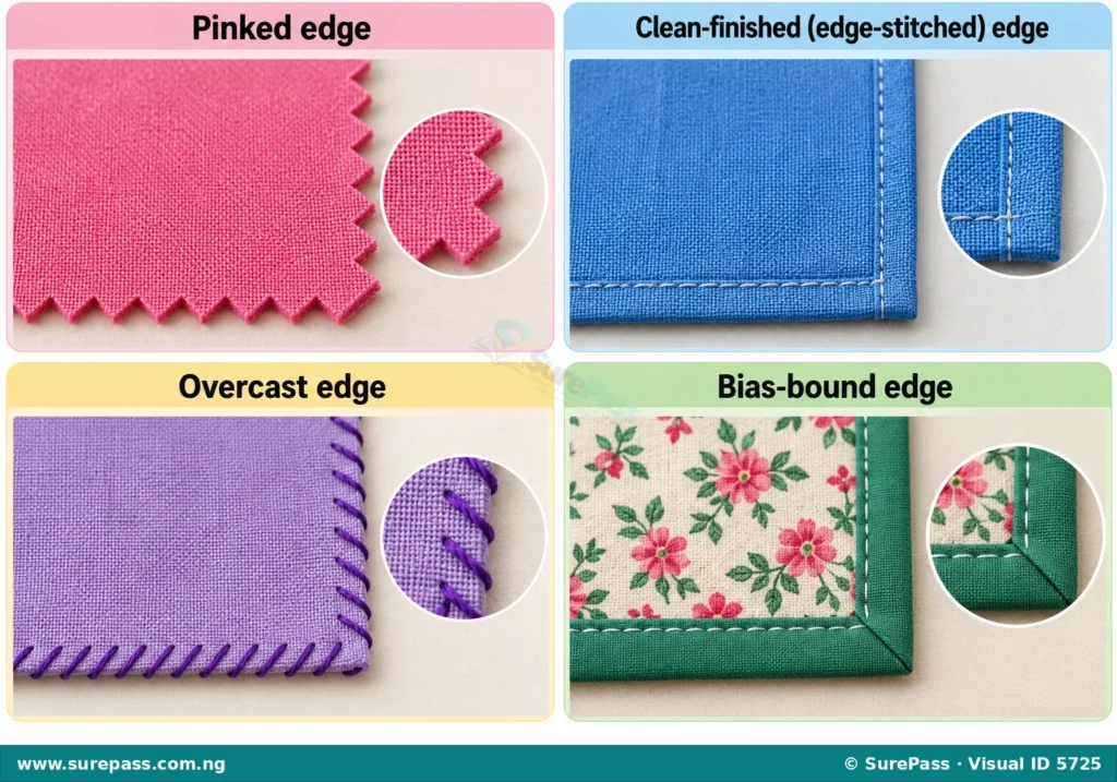 Four types of fabric edge finishes: pinked, edge-stitched, overcast, and bias-bound.