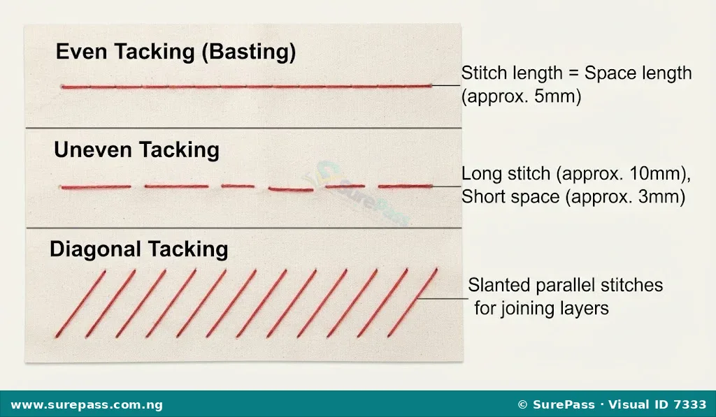 Diagram of temporary stitches including even tacking, uneven tacking, and diagonal tacking.