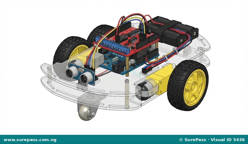 A fully assembled two-wheeled robot car with a microcontroller, motor driver, wheels and an ultrasonic sensor.