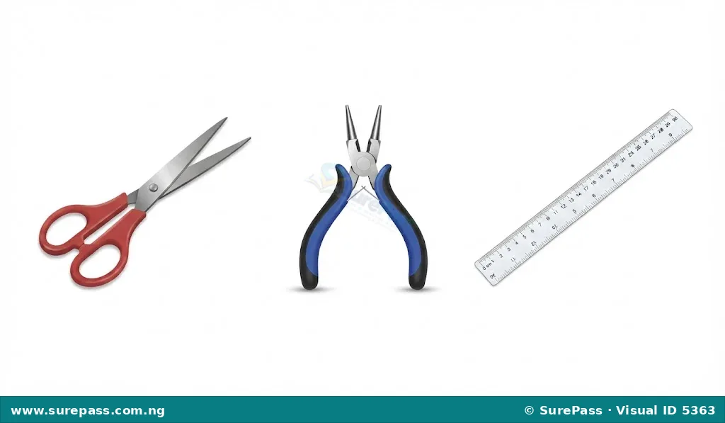 An image showing a pair of sharp scissors, a pair of small jewellery pliers, and a plastic ruler.