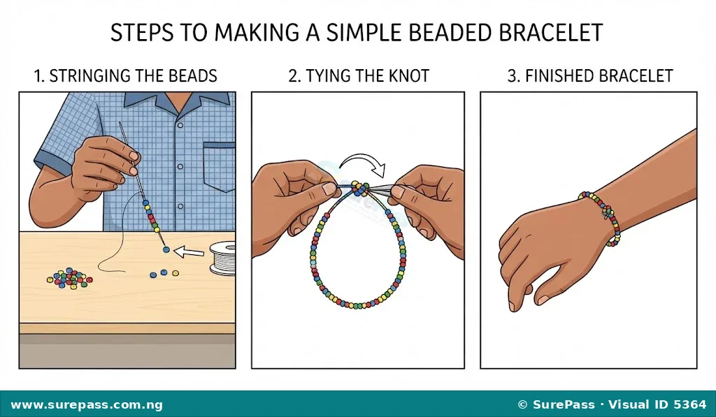 A three-step visual guide showing how to make a beaded bracelet. First, stringing beads onto a thread. Second, tying a knot to close the loop. Third, a finished bracelet on a wrist.