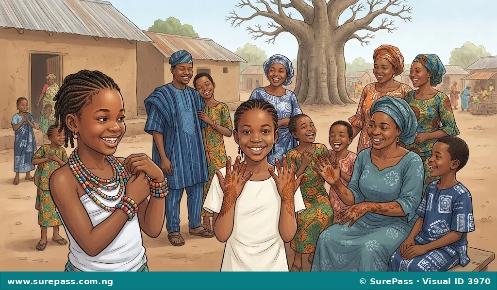 Children and adults in Nigeria showing traditional braided hairstyles, colourful beads, and simple henna designs on hands.
