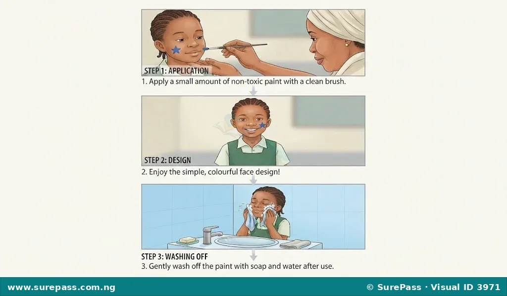 Sequence showing an adult applying face paint to a child, the child with a star design, and the child washing their face.