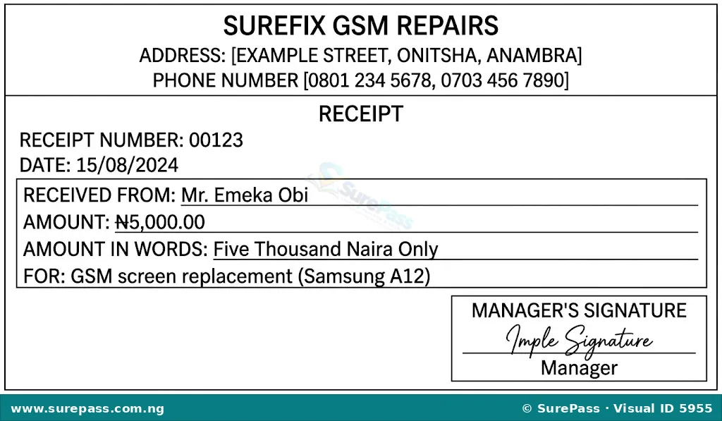 A sample receipt from a GSM repair business, filled out with details for a screen replacement service.