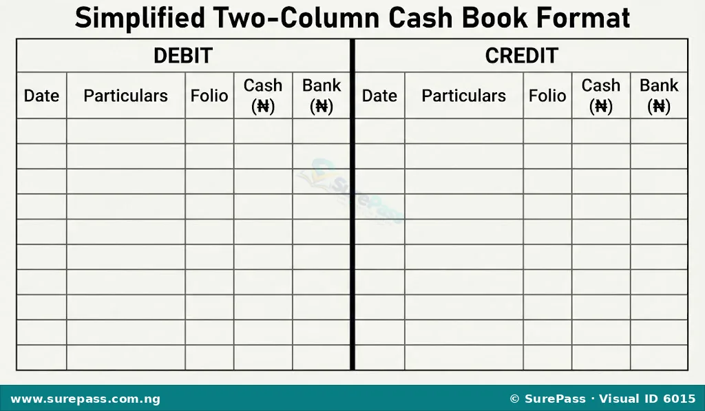 Simplified two-column cash book format with debit and credit sides, showing columns for date, particulars, folio, cash, and bank.