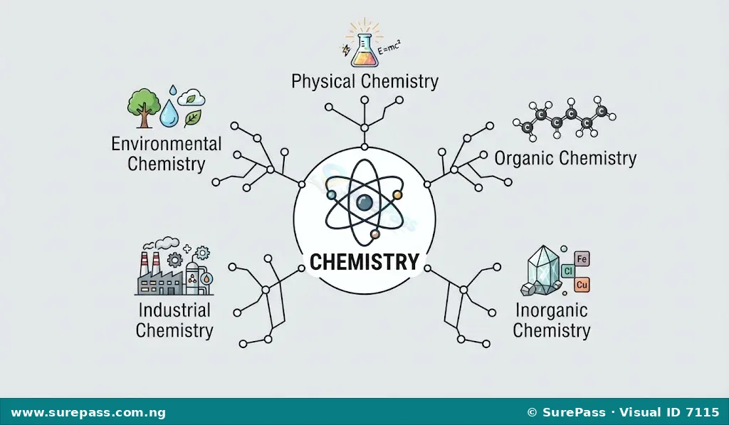 Diagram showing Chemistry as a central concept with five branches: Physical, Organic, Inorganic, Industrial, and Environmental Chemistry, each with a representative icon.