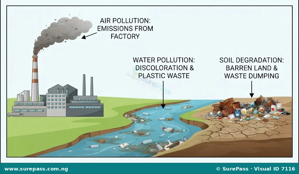Illustration showing air pollution from a factory, water pollution in a river, and soil degradation from waste, representing environmental issues studied by environmental chemistry.