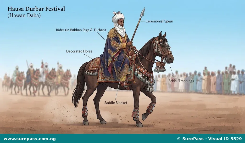 A colorful illustration of a decorated horse and rider during the Hausa Durbar Festival.