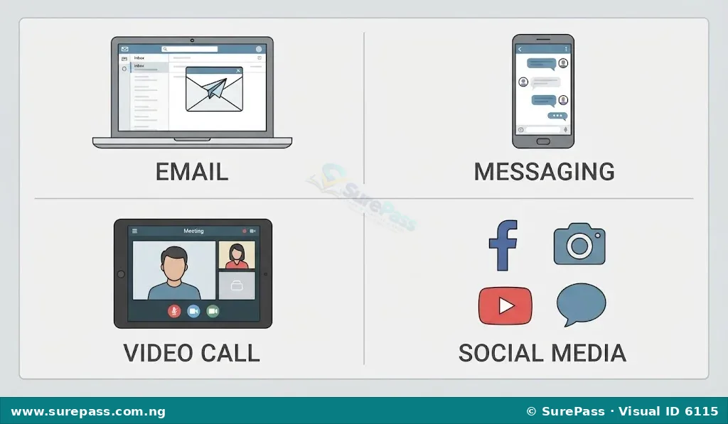 Icons representing a laptop with email, a smartphone with a chat app, a video conference screen, and social media logos.
