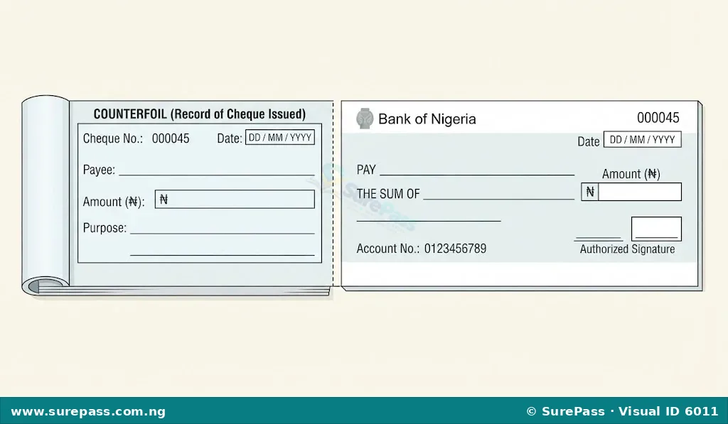 Image of a cheque book with a cheque detached, showing the remaining counterfoil with spaces for cheque number, date, payee, and amount.