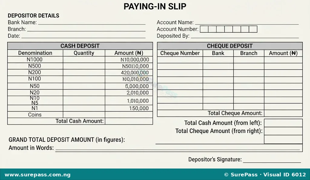 Sample bank paying-in slip with fields for account details, cash denominations, cheque details, and total deposit amount.