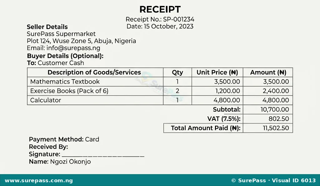 Sample receipt showing receipt number, date, seller, description of goods/services, amount paid, and payment method.