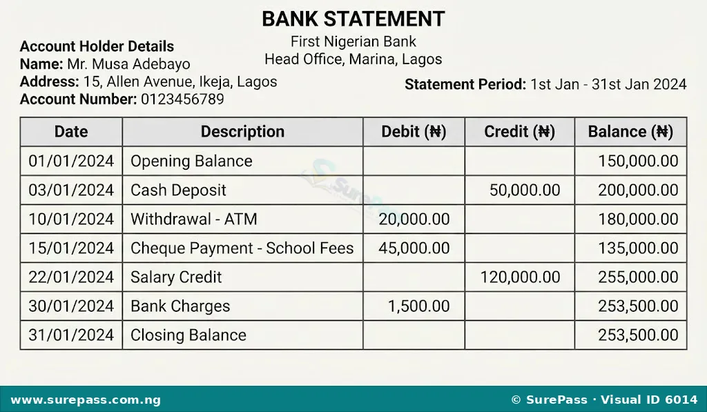 Sample bank statement showing account holder details, statement period, and a table listing dates, transaction descriptions, debits, credits, and running balance.