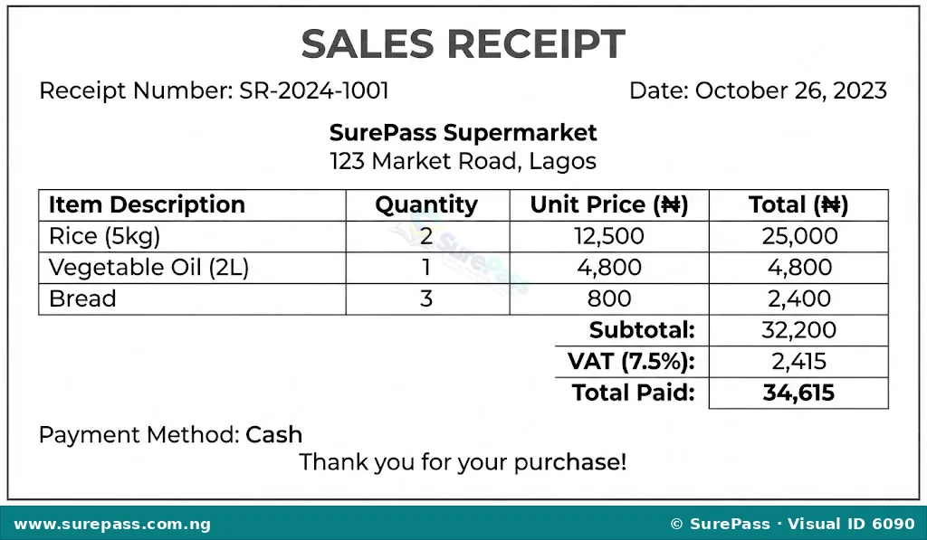 An example of a sales receipt showing seller details, itemised list of goods purchased, quantities, prices, total amount paid, and payment method.