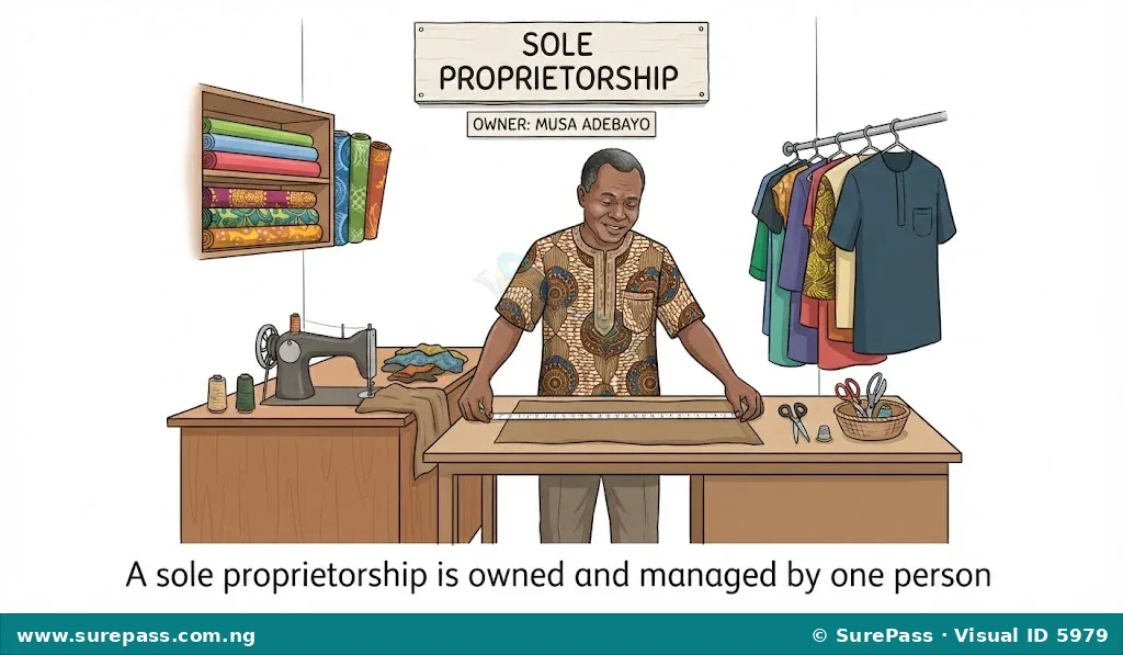 Illustration of a single person, a tailor, working in a small shop, representing a sole proprietorship.