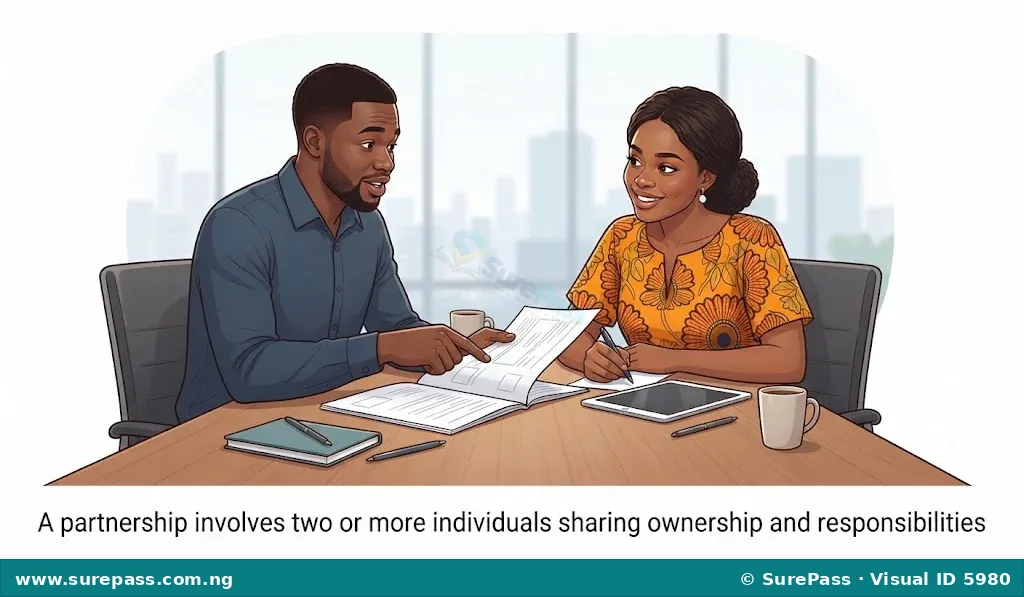 Illustration of two people discussing business documents at a table, representing a partnership.