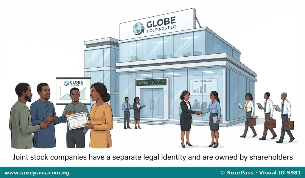 Illustration of a large company building with diverse people, representing a joint stock company.