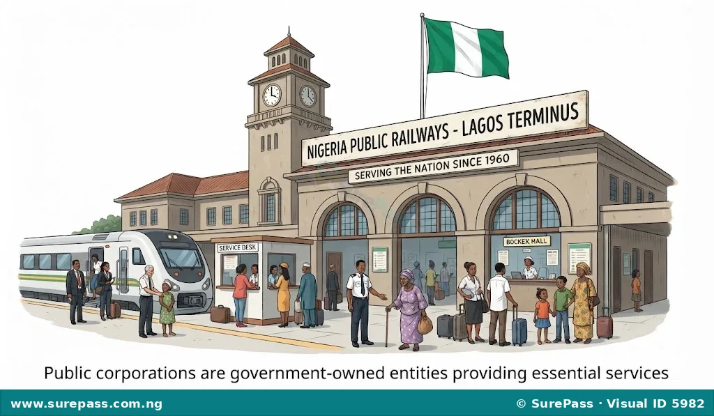 Illustration of a railway station with a Nigerian flag, representing a public corporation providing essential services.