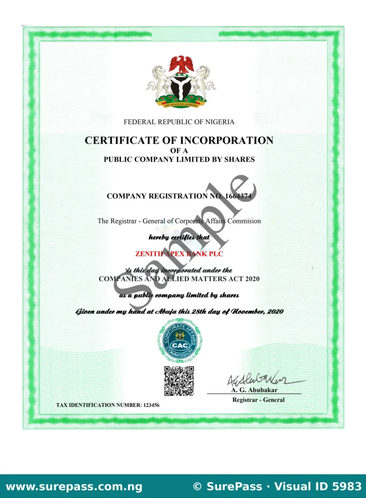 A sample Nigerian Certificate of Incorporation issued by the Corporate Affairs Commission (CAC).