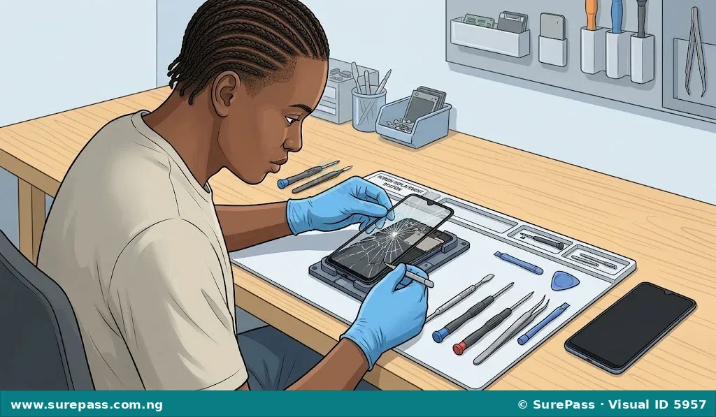 A technician replacing a broken screen on a smartphone using small tools.