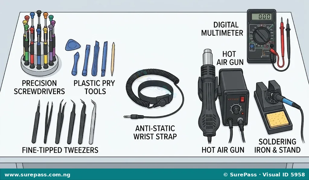 A collection of essential GSM repair tools on a workbench, including screwdrivers, pry tools, tweezers, hot air gun, soldering iron, multimeter, and anti-static wrist strap.