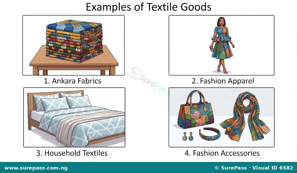 A collage of textile products including Ankara fabrics, clothing, bedsheets, and fashion accessories.