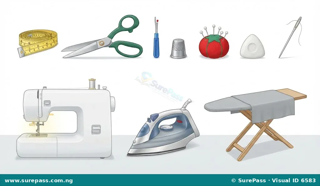 An illustration showing common textile production tools including a measuring tape, scissors, seam ripper, thimble, pins, chalk, needle, sewing machine, iron, and ironing board.