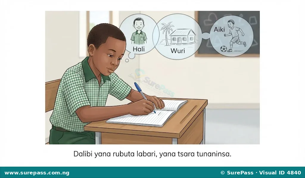A primary school student writing a story in a notebook, with thought bubbles showing story elements.