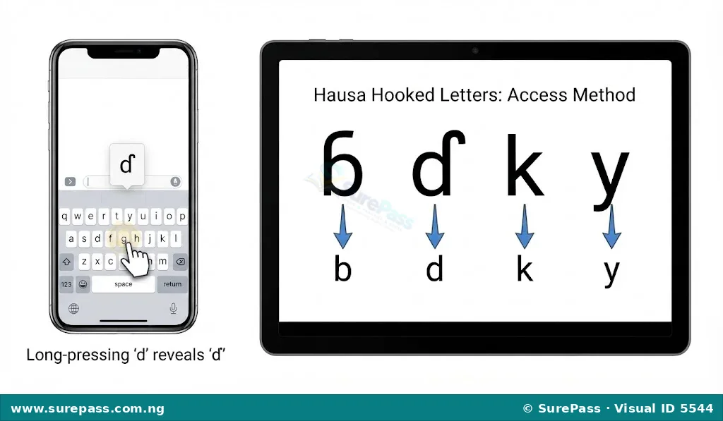 A diagram showing how to access Hausa hooked letters on a mobile keyboard by long-pressing standard letters.