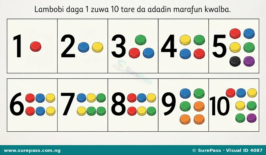 Numbers 1 to 10 shown with corresponding bottle caps.