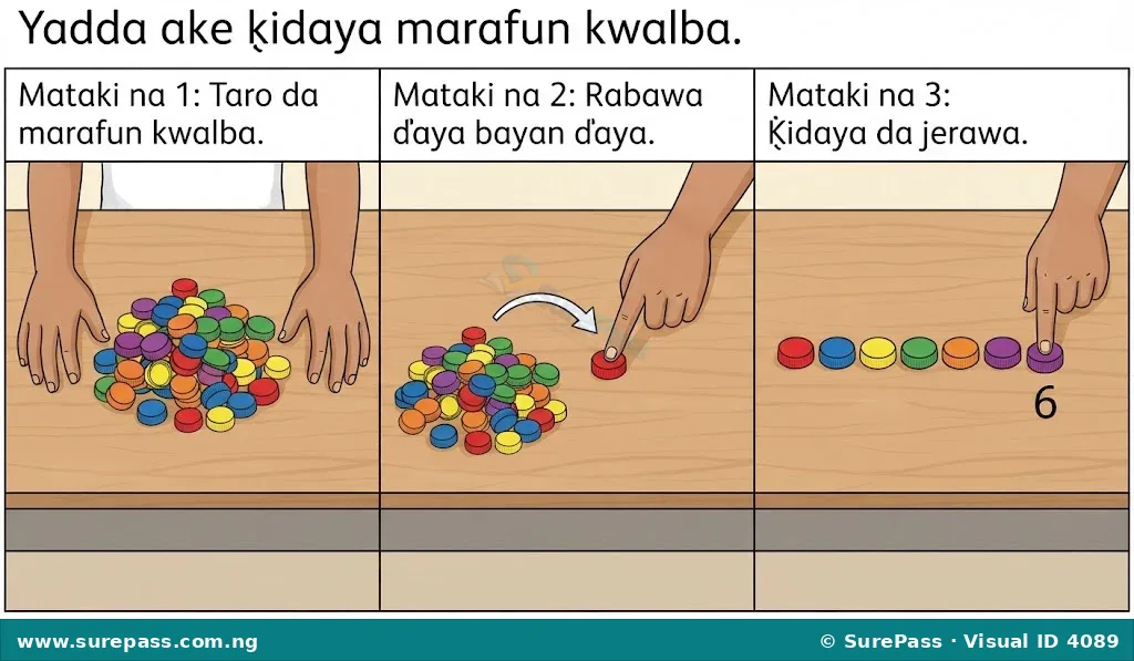 A child counting bottle caps by separating them one by one.