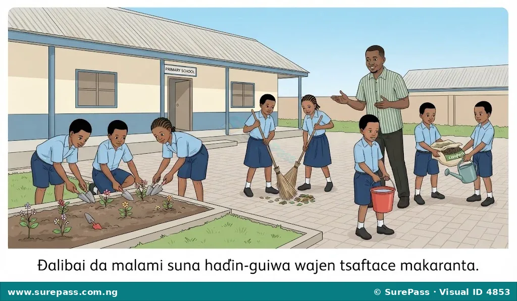 Children and teacher cooperating to clean and beautify a school compound.