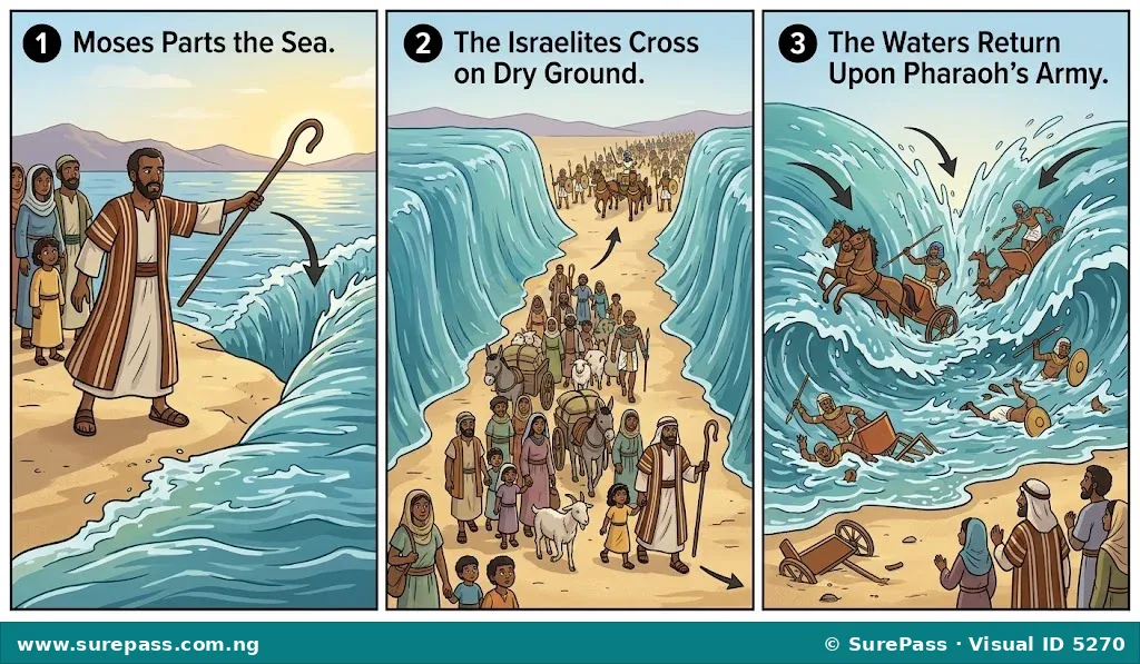 Three images showing the Red Sea crossing. First, Moses parts the sea. Second, Israelites walk through. Third, the sea closes on the Egyptian army.