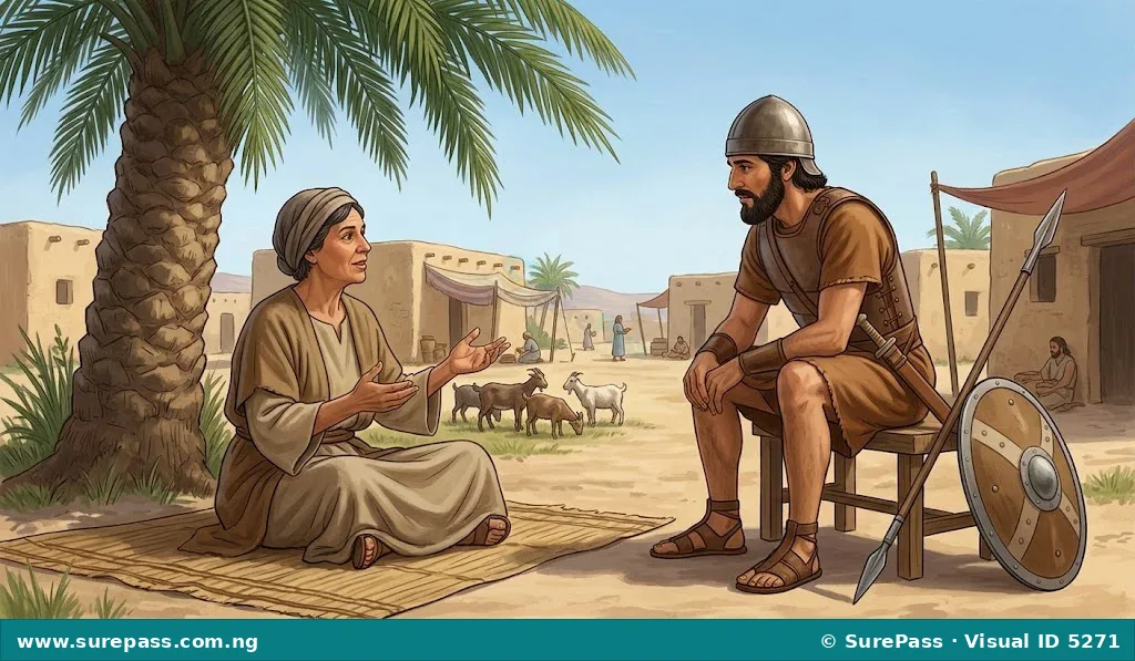 Deborah, a woman, sits under a palm tree, speaking to Barak, a man in military attire.