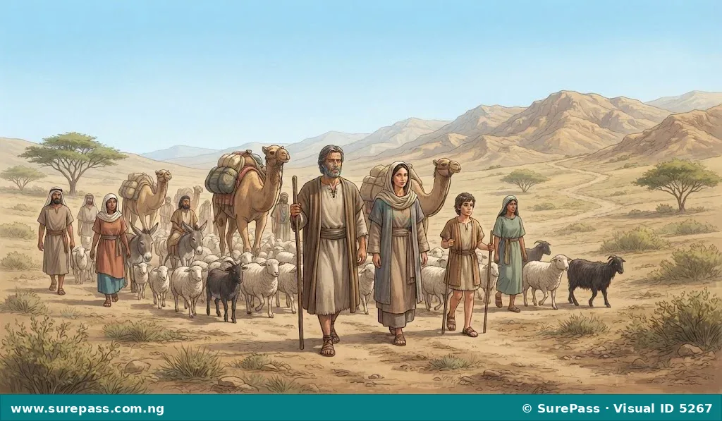 Abram and his household journeying to the land of Canaan.