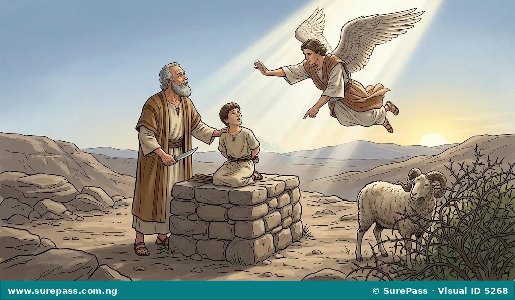 Abraham's obedience tested on Mount Moriah with the angel stopping the sacrifice of Isaac.
