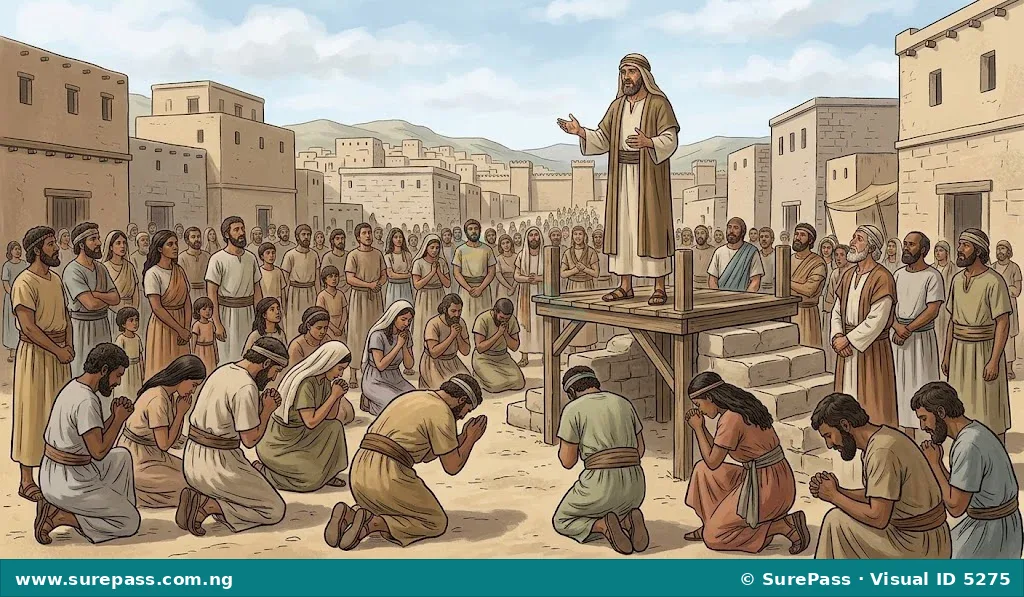 Prophet Jonah preaching to the people of Nineveh, who are shown repenting and bowing their heads.