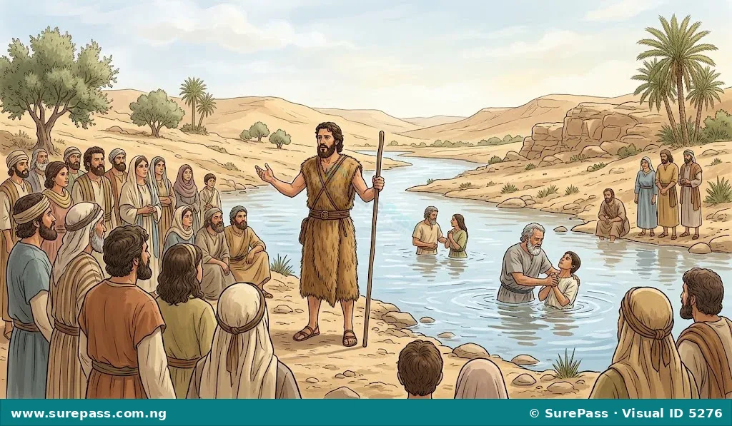 John the Baptist preaching and baptising people by the Jordan River.
