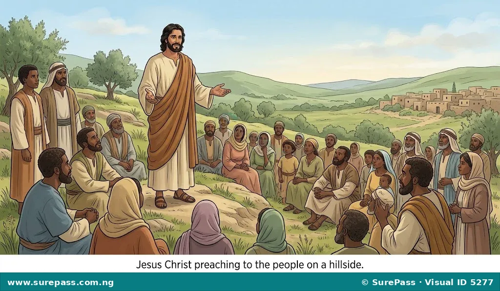 Jesus Christ preaching to a crowd of people on a hillside.