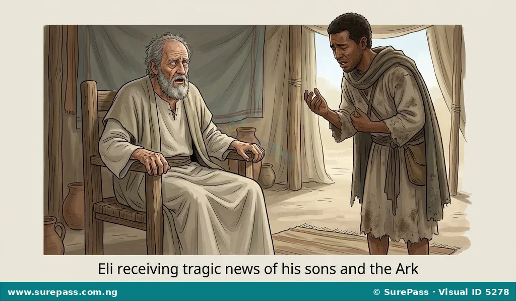 Eli, the high priest, receiving news of his sons' deaths and the capture of the Ark.