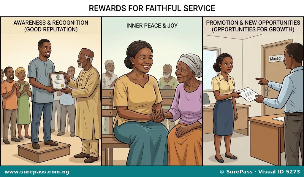 An illustration showing different rewards for service, such as receiving an award, feeling inner peace, and gaining new opportunities.