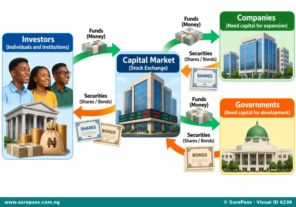 Diagram showing investors providing funds to the capital market, which then channels funds to companies and governments, receiving securities in return.
