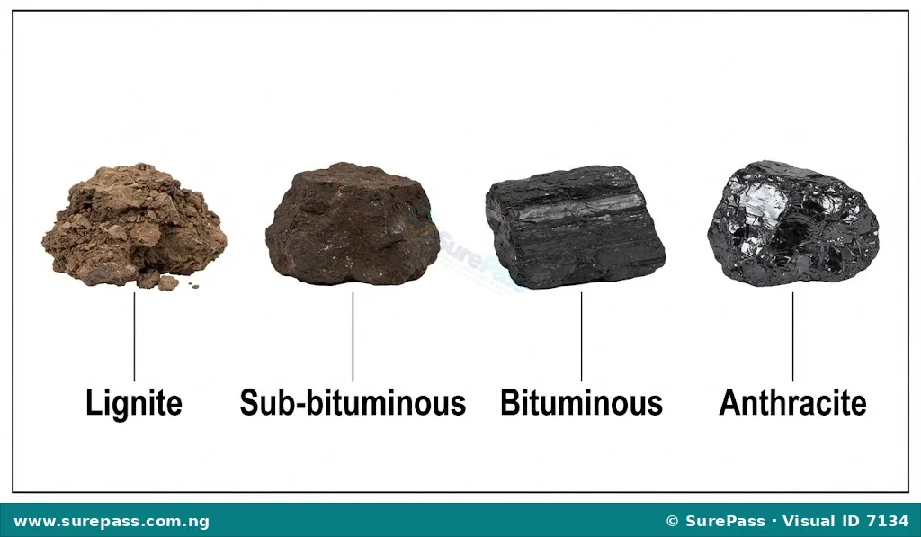 Samples of lignite, sub-bituminous, bituminous, and anthracite coal, showing increasing darkness and hardness.