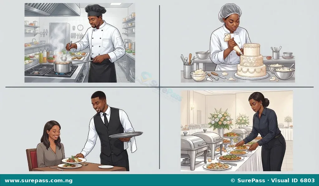A collage showing a chef cooking, a baker decorating a cake, a waiter serving food, and an event caterer setting up a buffet.