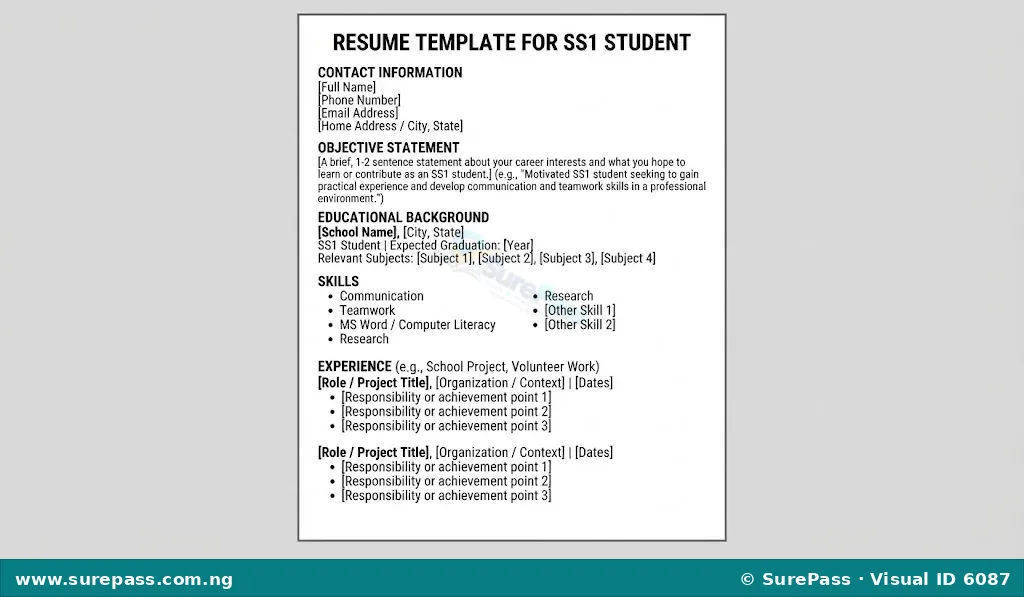 A sample resume template for an SS1 student, showing sections for contact information, objective, education, skills, and experience.