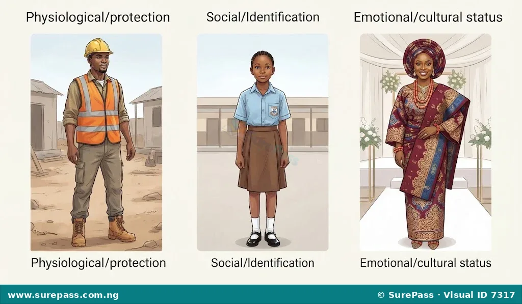 Three people illustrating physiological, social, and emotional reasons for wearing garments.