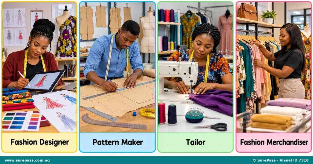 A career chart showing a fashion designer, pattern maker, tailor, and merchandiser at work.