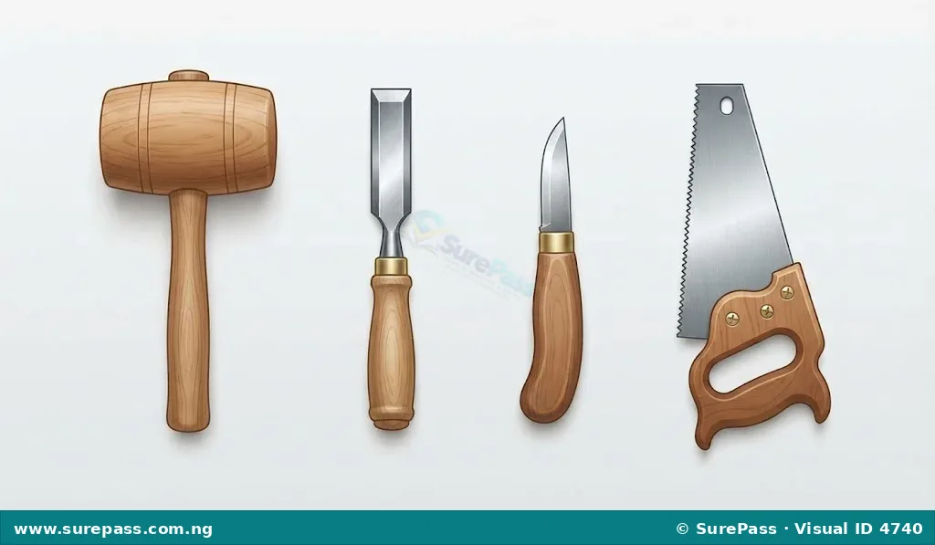 Carving tools including a mallet, a chisel, a carving knife, and a hand saw.