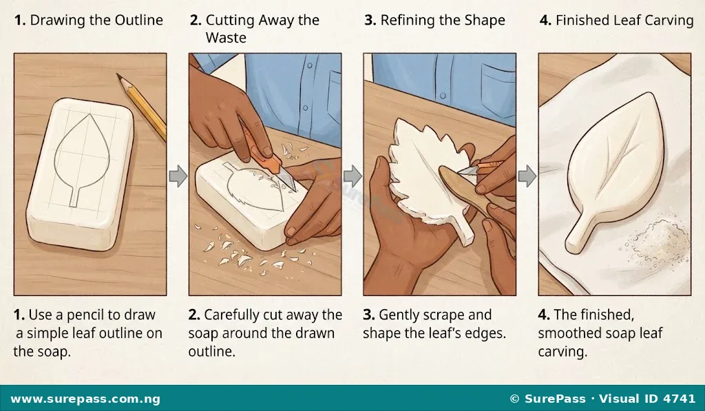 Step-by-step process of carving a soap leaf.