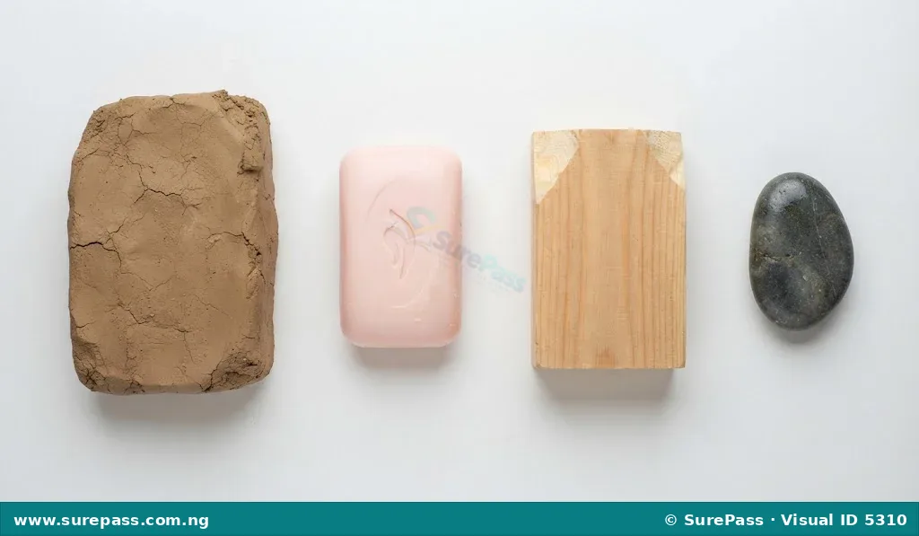 A block of dried clay, a bar of soap, a small block of wood, and a smooth river stone, representing common carving materials.